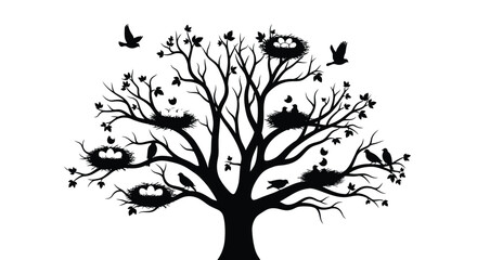 Obraz premium A dark tree with multiple bird nests and flying birds silhouette