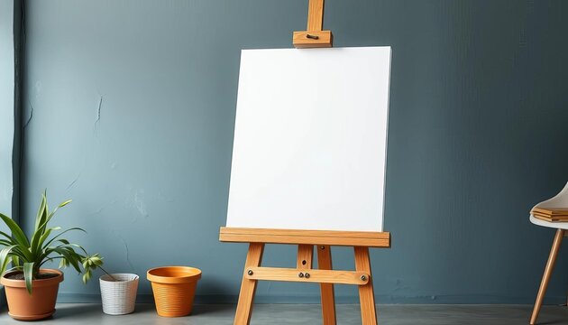 Blank white canvas on easel, ready for painting, backdrop, sketching