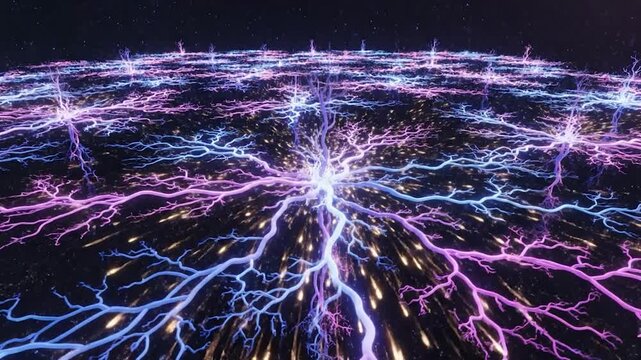 Abstract glowing network of interconnected lines spreading across a dark
