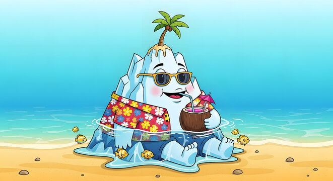 Cute Iceberg Charackter Relaxing on Tropical Beach