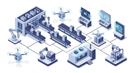 Obraz premium Isometric illustration of industrial automation and manufacturing process.