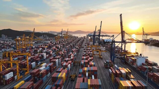 Cinematic Aerial Drone Shot Over Modern Container Port at Sunrise with Cargo Ships and Cranes