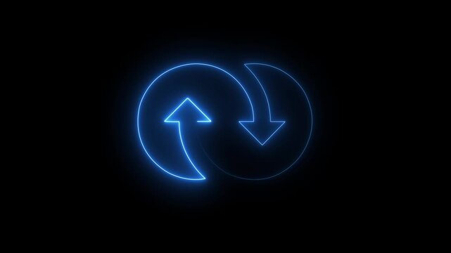 Blue neon circular arrows symbolizing exchange data transfer and synchronization on dark background