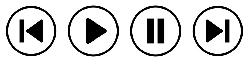 Media transport control icon set with play pause next and previous symbols. Audio video player UI elements for app interface, web streaming and multimedia design © Point Nemo