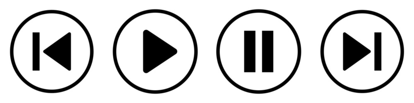 Media transport control icon set with play pause next and previous symbols. Audio video player UI elements for app interface, web streaming and multimedia design