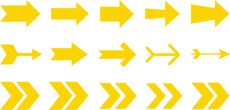 Collection of flat yellow arrow icons and directional pointers in various styles isolated on white background for web and graphic design