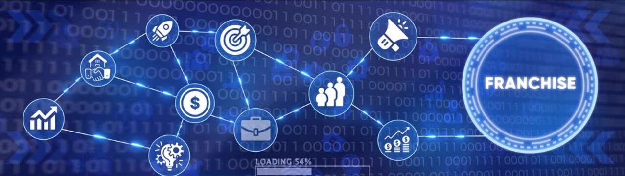 Dynamic business icons and data visualization with binary code background motion graphic