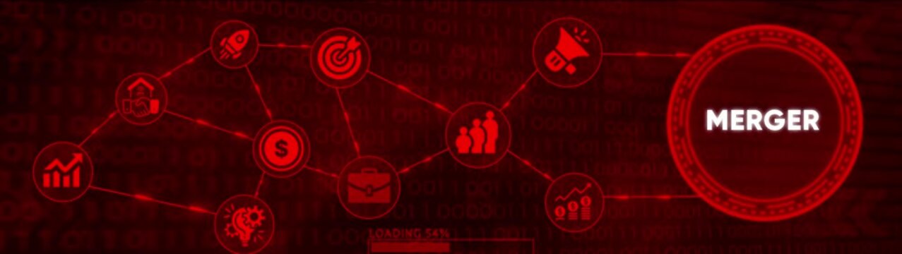 Abstract red background with binary code and connected business icons showing progress bar loading to 100 percent