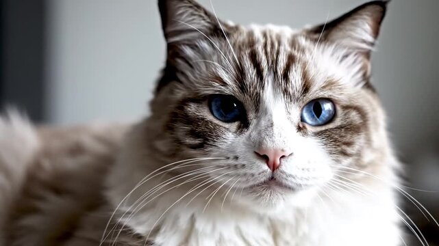 A close-up portrait of a domestic cat with distinctive blue eyes and a soft fur pattern