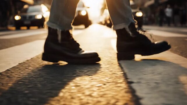 Cinematic close up of walking feet crossing zebra cross on urban street