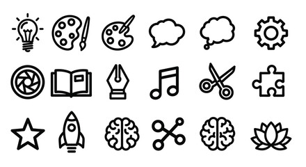 Collection of various black outline icons representing creative concepts silhouette
