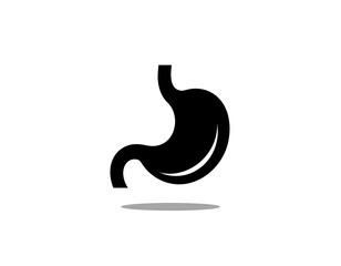 Obraz premium Black silhouette of a human stomach with attached esophagus. White background and gray shadow adds depth. Medical and anatomical