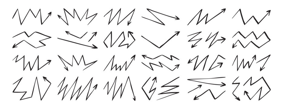 Emphasis zigzag arrow doodle hand drawn zig zag arrow set icon. Outline drawing zigzag line clipart symbol.