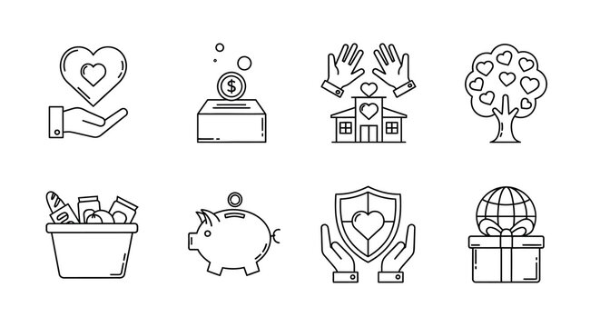 Financial wellbeing icons featuring donation savings and protection silhouette
