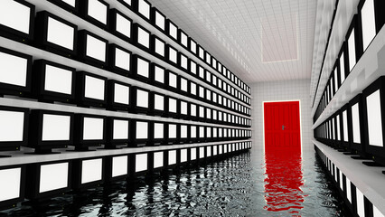 Corridor with Many White Monitors Liminal Space