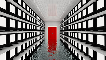 Corridor with Many White Monitors Liminal Space