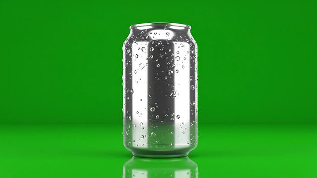 A shiny silver beverage can with water droplets rotates on a green studio.