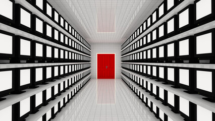 Corridor with Many White Monitors Liminal Space