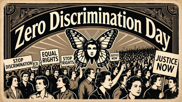 Zero discrimination day, vintage illustration of people protesting for equal rights and justice with butterfly symbol