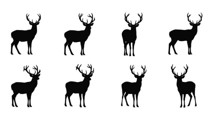A collection of eight black silhouettes of deer in various poses isolated on white background, Vector