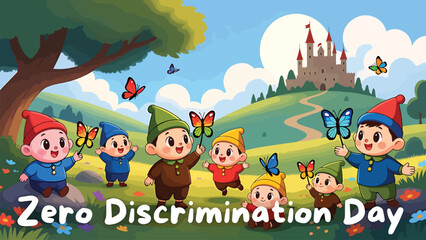 Obraz premium Cute cartoon gnomes celebrating zero discrimination day in sunny landscape with butterflies and castle background for educational diversity concept