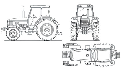 Detailed vehicle autocad blueprint of a tractor from multiple viewpoints showcasing technical drawing skills and precision engineering © Stock Image Paradise