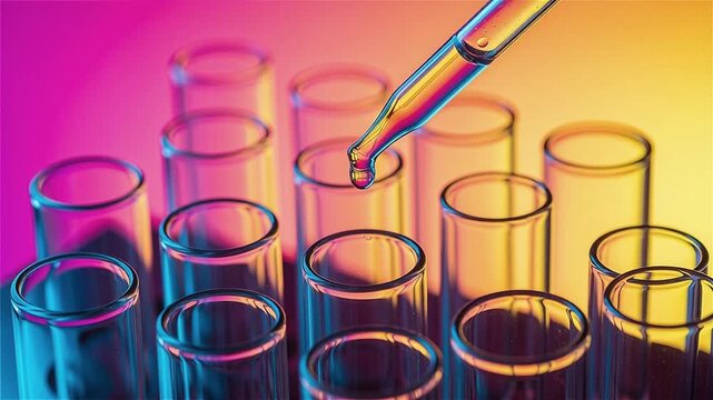 Close up of pipette dropping liquid into test tubes with neon lighting, biotechnology and medical research concept.