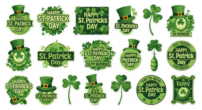 St Patricks Day collection festive green clover and leprechaun hat icons perfect for holiday greetings and promotions