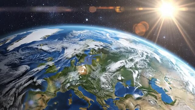 Bright sunbeam illuminates the beautiful blue planet Earth from space
