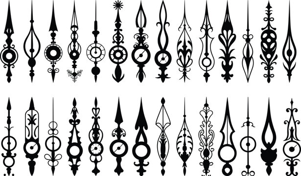 Large set of vintage clock hand silhouettes featuring ornate, antique, and decorative designs for watchmaking, time measurement, horology, and classic clock face decoration.