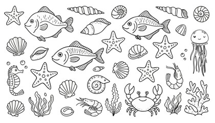 Obraz premium Collection of Hand-Drawn Marine Life Illustrations, Including Fish, Shells, Starfish, and Jellyfish