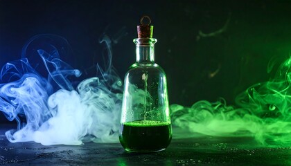 A glass flask with green liquid and smoke