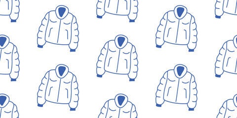 Seamless pattern with hand drawn doodle winter puffer coats, blue outline vector illustration isolated on white background, warm jacket clothes background © Анастасия Терентьева