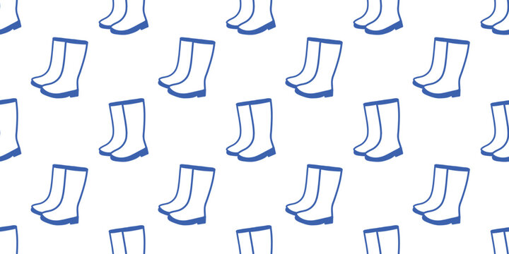 Seamless pattern with hand drawn doodle rubber boots, blue outline vector illustration isolated on white background, autumn or spring rain shoes background