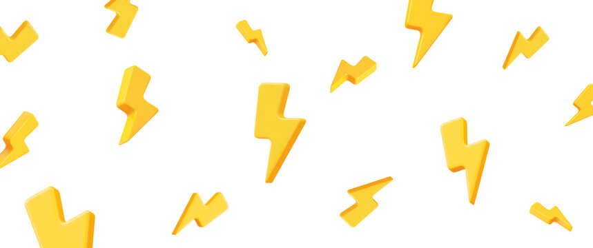 3d flying yellow charger symbol with different angles. Yellow sign thunder. Symbol of energy, danger. Minimalistic electrical discharge. Stock vector illustration on isolated background.	