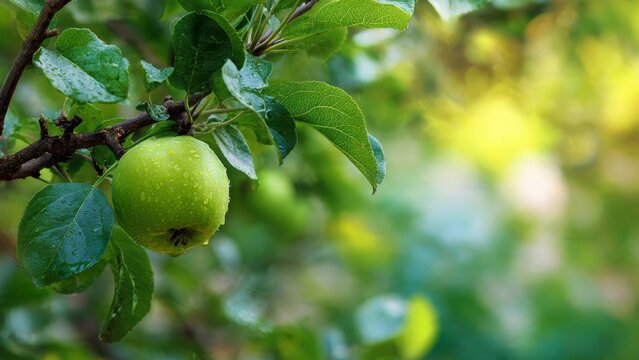 Single green apple hanging from a branch in sunlight