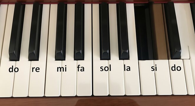 Close-up of piano keys labeled with musical notes Do Re Mi Fa Sol La Si Do.