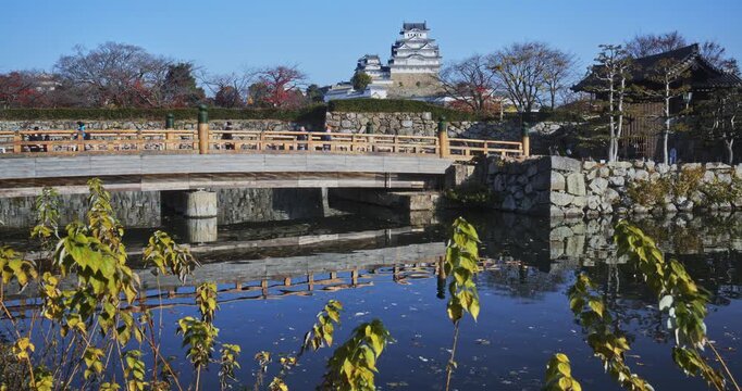 Beautiful view of Japanese bridge and distant 16th century Matsumoto castle