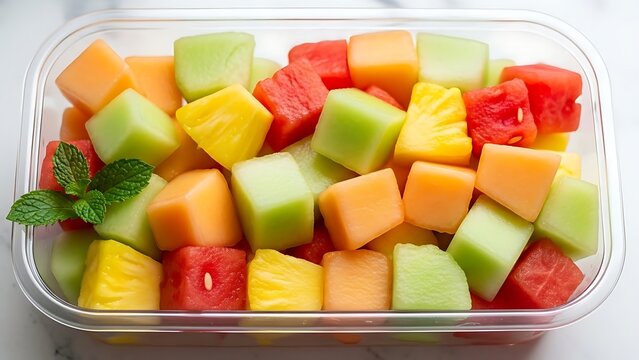 Fresh Fruit Salad with Cubed Watermelon, Cantaloupe, Honeydew, and Pineapple in a Transparent Container
