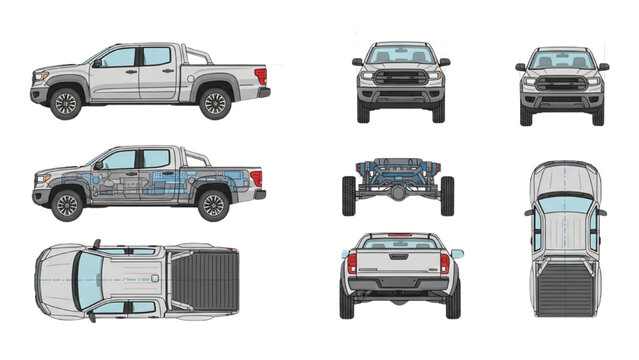 Detailed vehicle autocad blueprint designs of a pickup truck from multiple viewpoints and angles