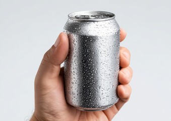 Close-up of a hand holding a metallic soda can with water droplets