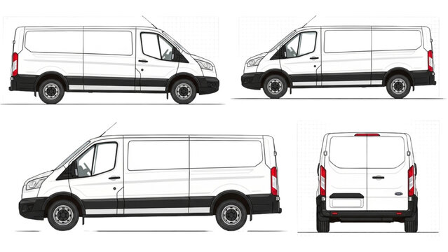 Detailed vehicle autocad blueprint of a white van from multiple viewpoints and angles
