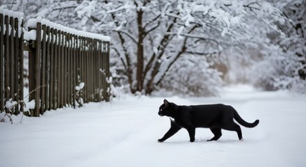 Midnight Cat Bold Journey Through a Snowy Winter Wonderland.