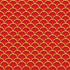Traditional chinese fish scale seamless pattern. Red golden asian sea wave luxury ornament. Oriental, japanese background. Eastern vector motif. Template for cards, banner, poster and calendar. © Quarta