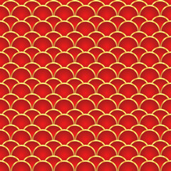 Traditional chinese fish scale seamless pattern. Red golden asian sea wave luxury ornament. Oriental, japanese background. Eastern vector motif. Template for cards, banner, poster and calendar. © Quarta