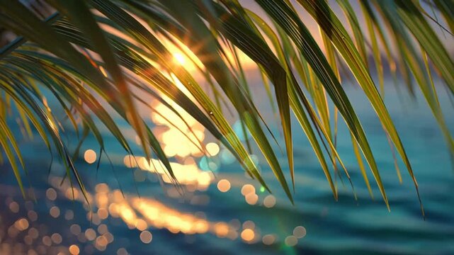 Tropical beach scene with palm leaves and ocean waves at sunset.