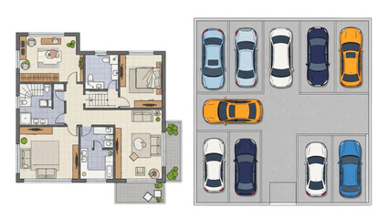 Detailed vehicle autocad blueprint of parking lot and building floorplan with cars and layout design © Stock Image Paradise