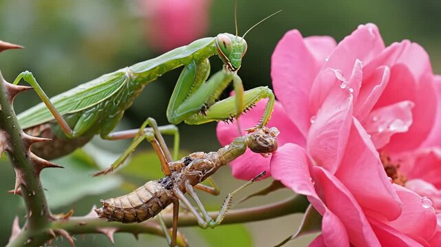 Praying Mantis Eating Prey on Pink Rose.
