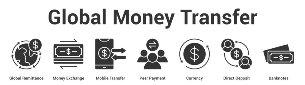 Global Money Transfer web banner icon set vector illustration concept for business with icon of Global Remittance, Money Exchange, Mobile Transfer, Peer Payment, Curren.