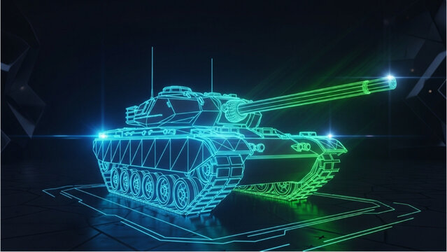 3D rendered tank vehicle autocad blueprint on dark background with neon lights and wireframe design